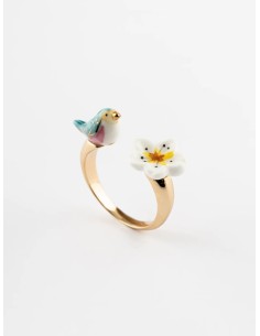 Bague FaceToFace oiseau bleu et fleur de poirier