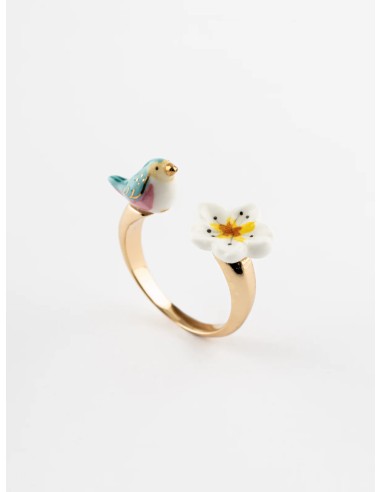 Bague FaceToFace oiseau bleu et fleur de poirier