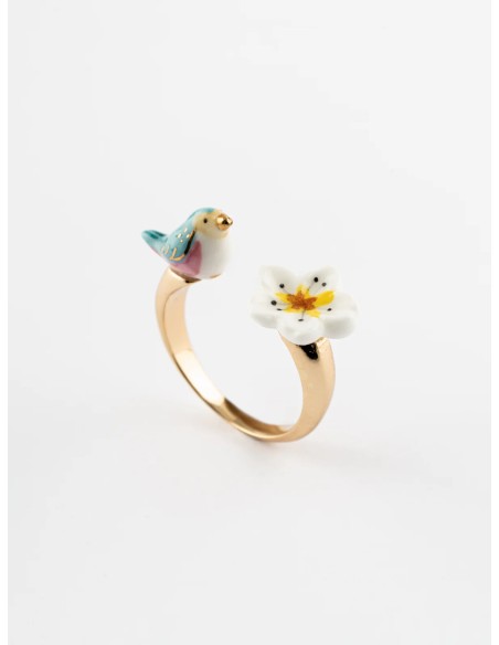 Bague FaceToFace oiseau bleu et fleur de poirier