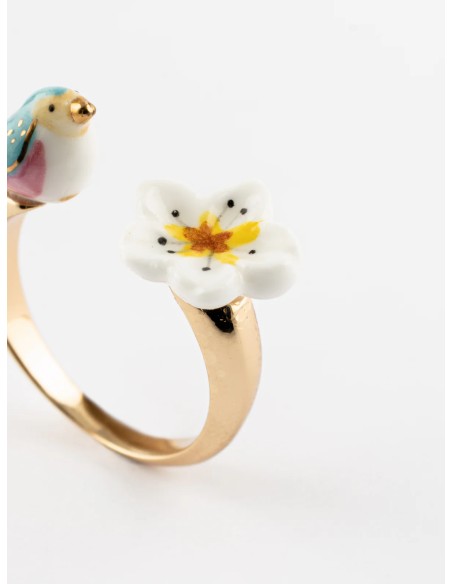 Bague FaceToFace oiseau bleu et fleur de poirier