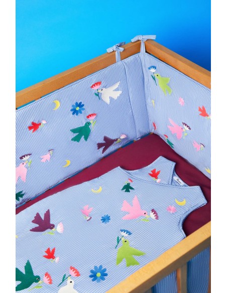 Tour de lit brodé multicolore oiseaux